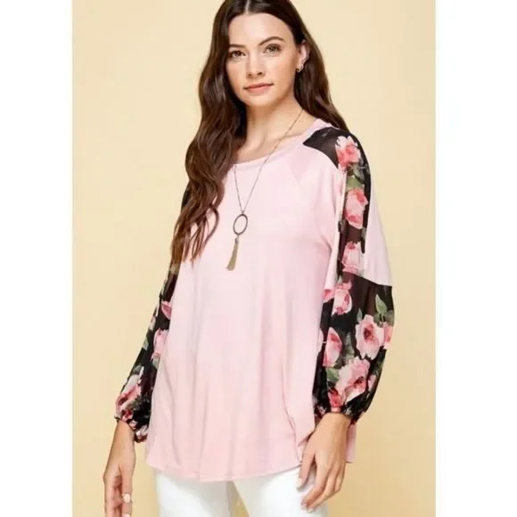 Pink Top With Floral Chiffon Sleeves - Picture 2 of 4